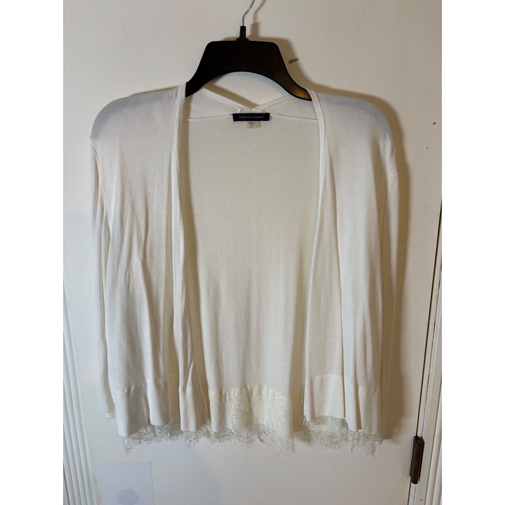 Tommy Hilfiger White Open Front Cardigan Lace Trim Hem Womens XL